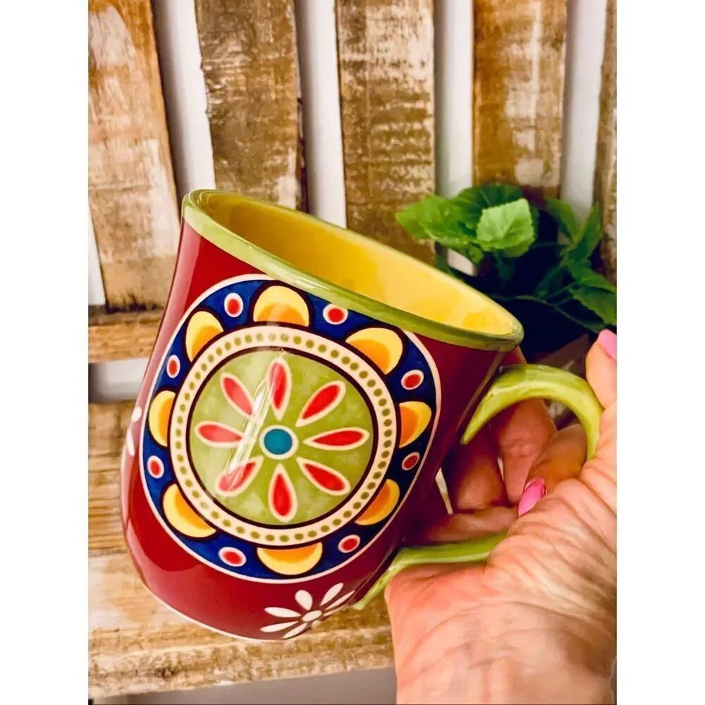 NWT Gorgeous Pier 1 Red Blue Ironstone MEXICALI Floral Rustic Coffee Mug - Picture 12 of 16